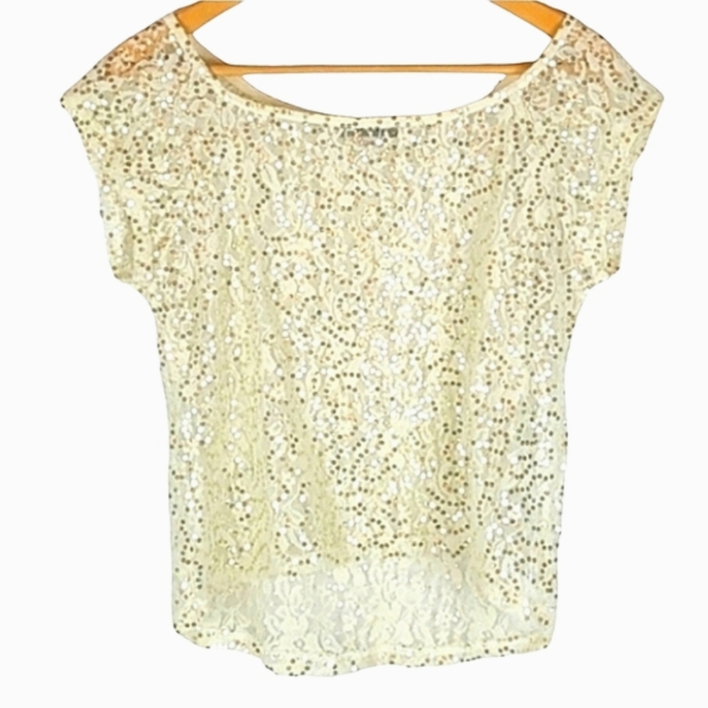Gold Vintage Lace Sheer Sequin Top, Size M